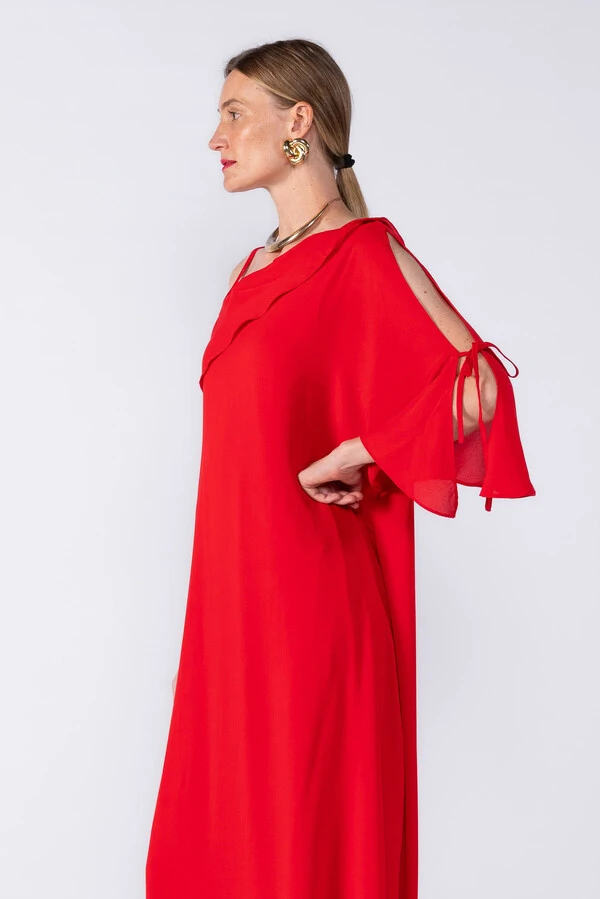 Vestido longo com forro e manga babado