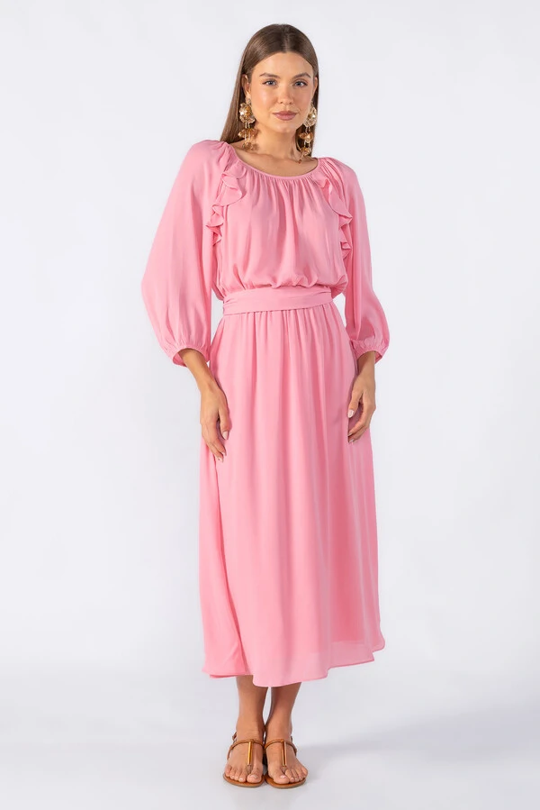Vestido midi crepe com manga alongada