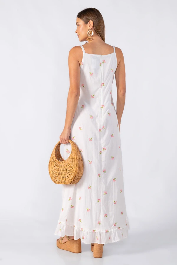 Vestido longo em algodão bordado