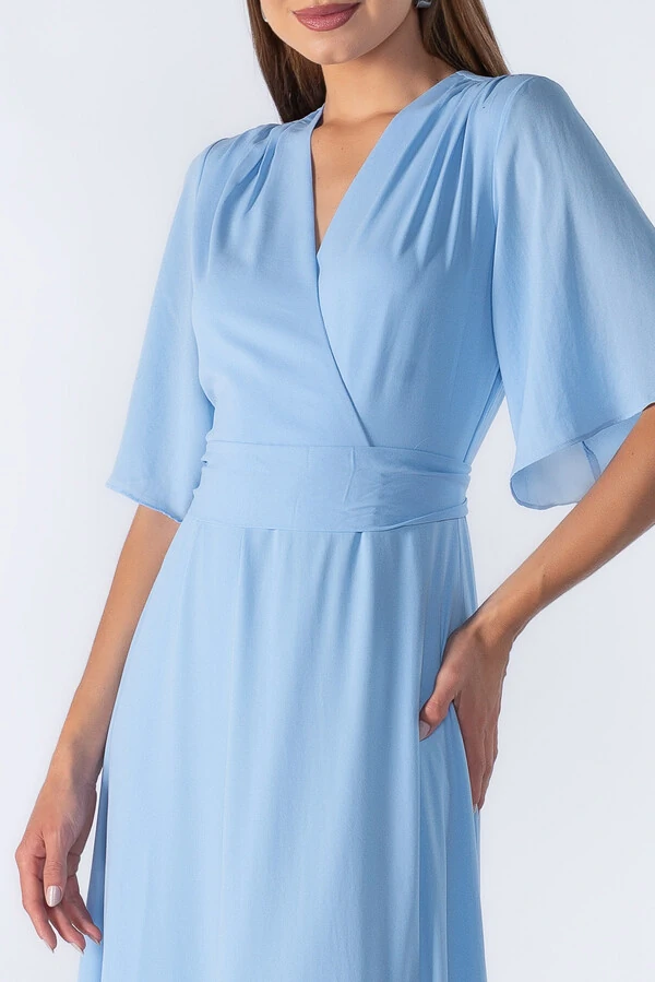 Vestido longo manga curta decote em v com faixa