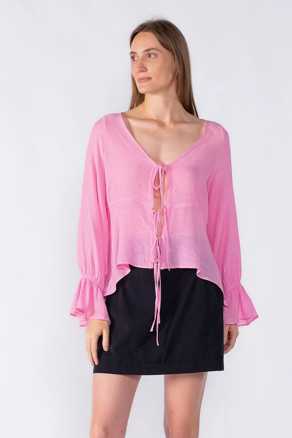 Blusa manga bufante amarracao frontal