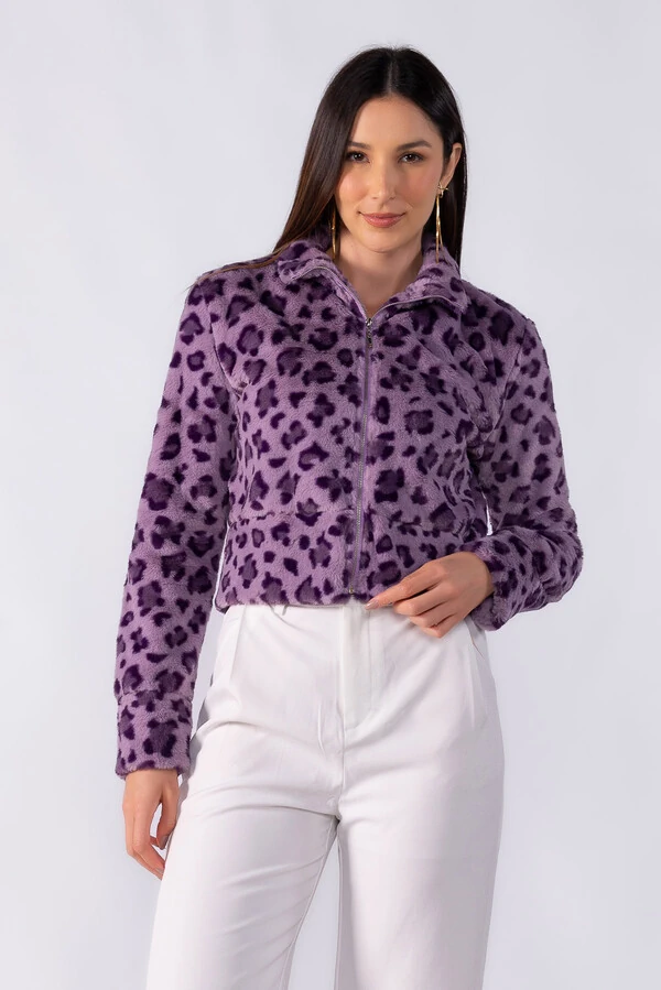 Casaco animal print curto ziper frontal