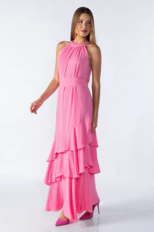 Vestido crepe longo babados na barra