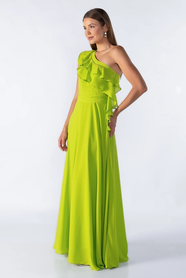 Vestido longo manga nula com babado