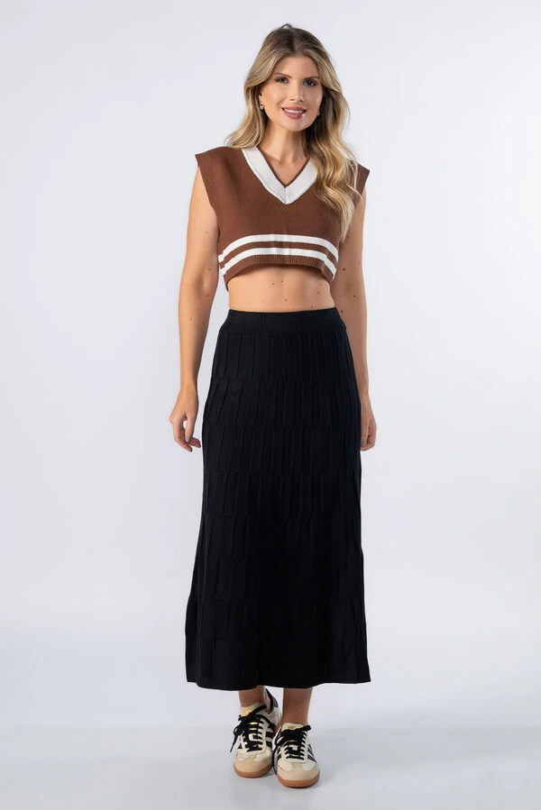 Saia midi de tricot quadriculado
