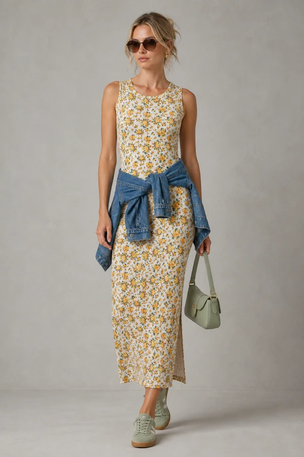 Vestido longo canelado estampado