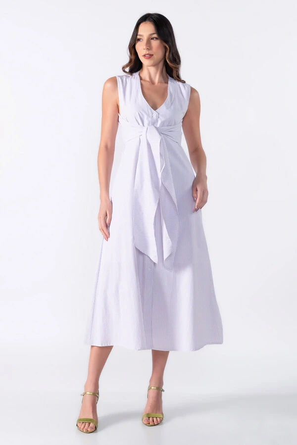 Vestido longo listrado com amarracao