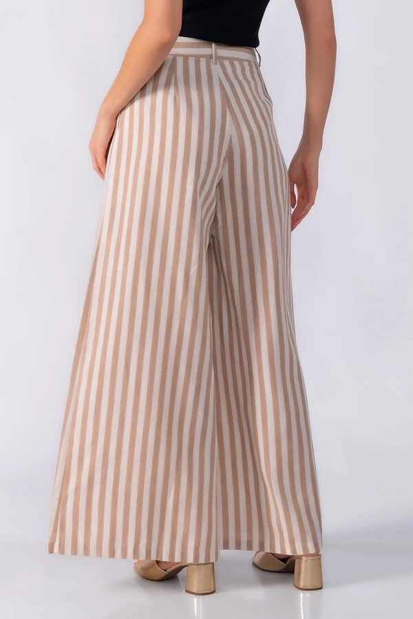 Calça pantalona ampla linho listrada
