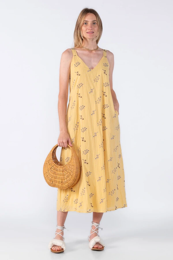 Vestido midi bordado decote V