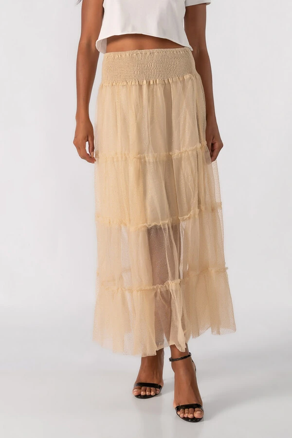 Saia longa de tule cos com lastex