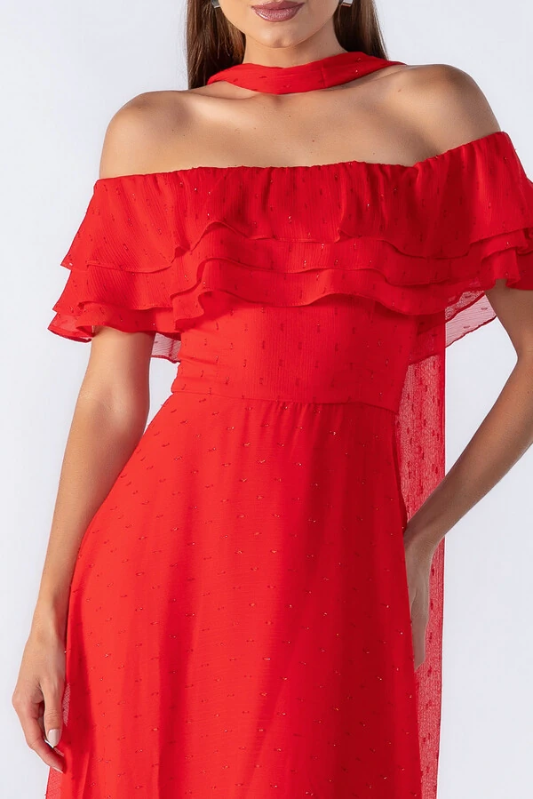 Vestido longo ombro a ombro com babados