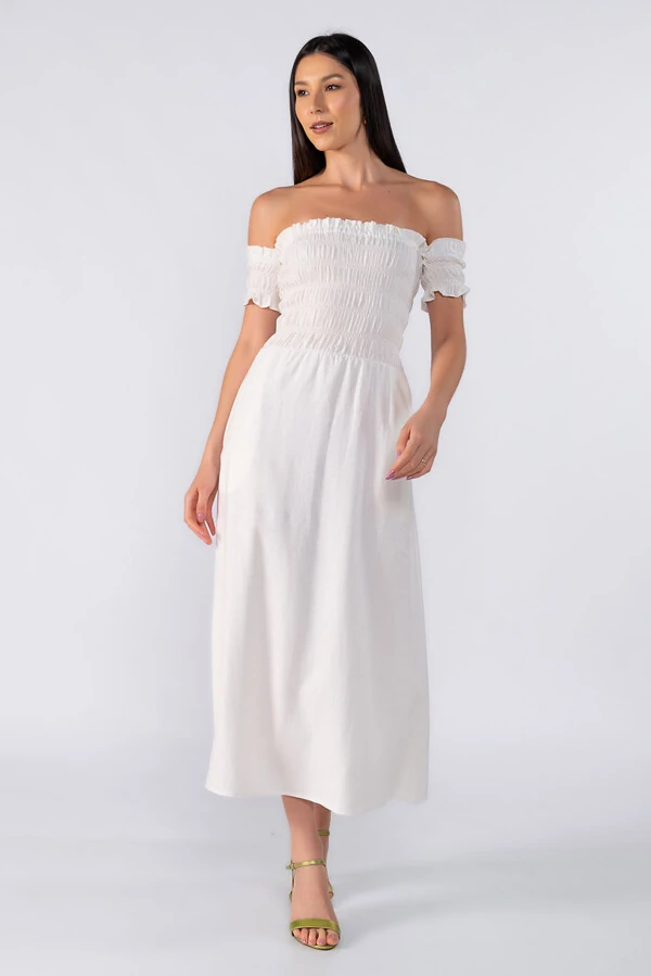 Vestido midi ombro a ombro em lastex