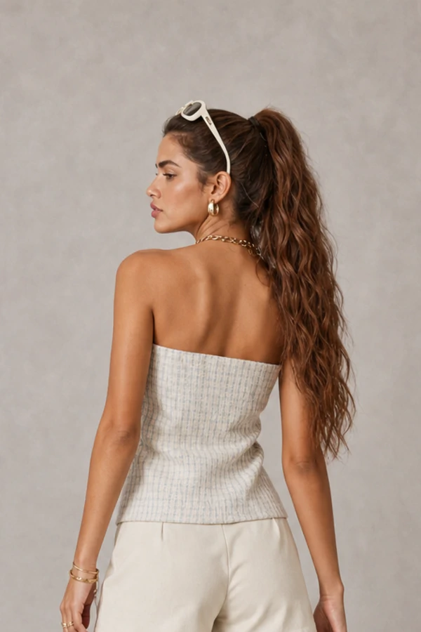 Blusa tweed tomara que caia peplum