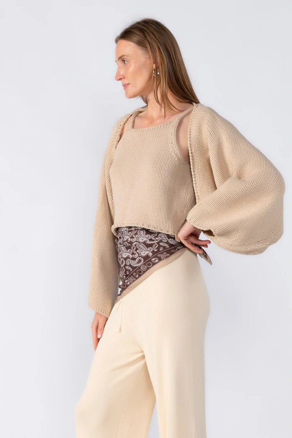 Conjunto top e casaco tricot
