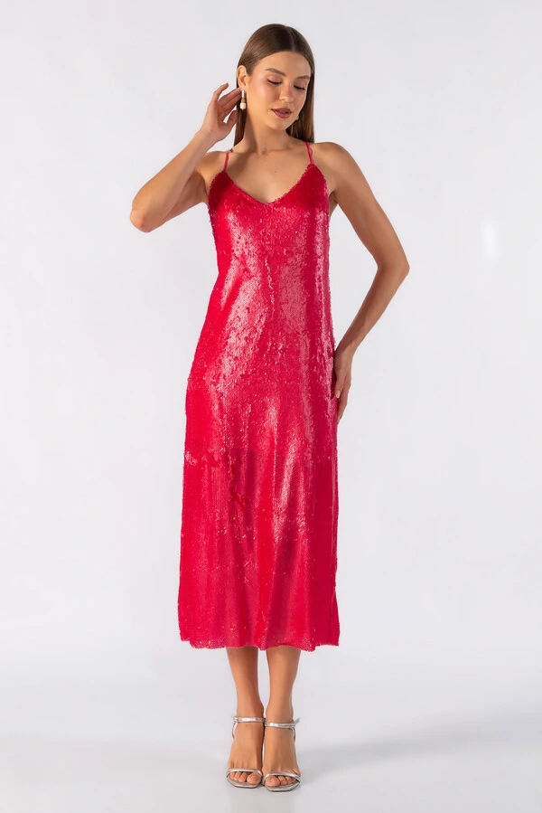 Vestido midi em paete frente unica