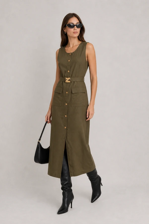 Vestido midi em linho com fivela