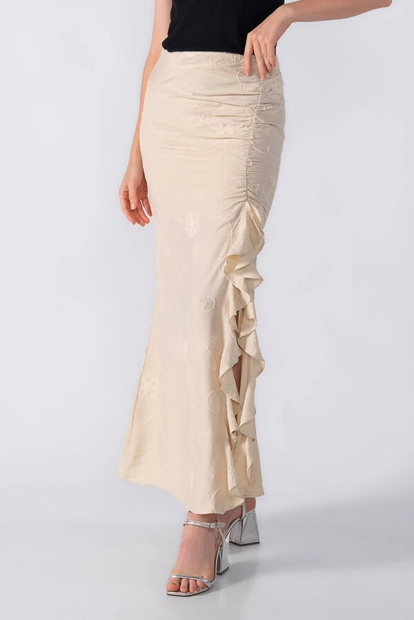 Saia longa com fenda babado e franzido