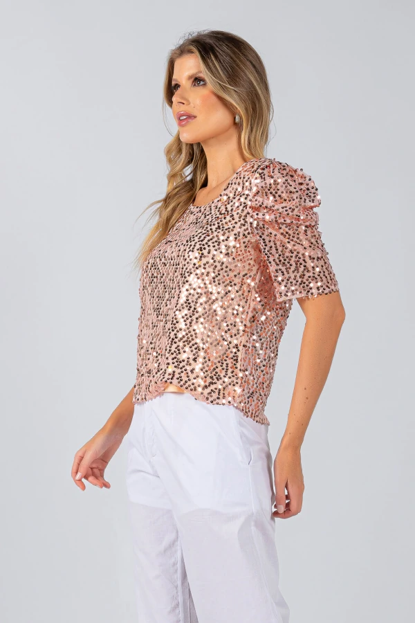 Blusa em paete manga bufante e decote redondo