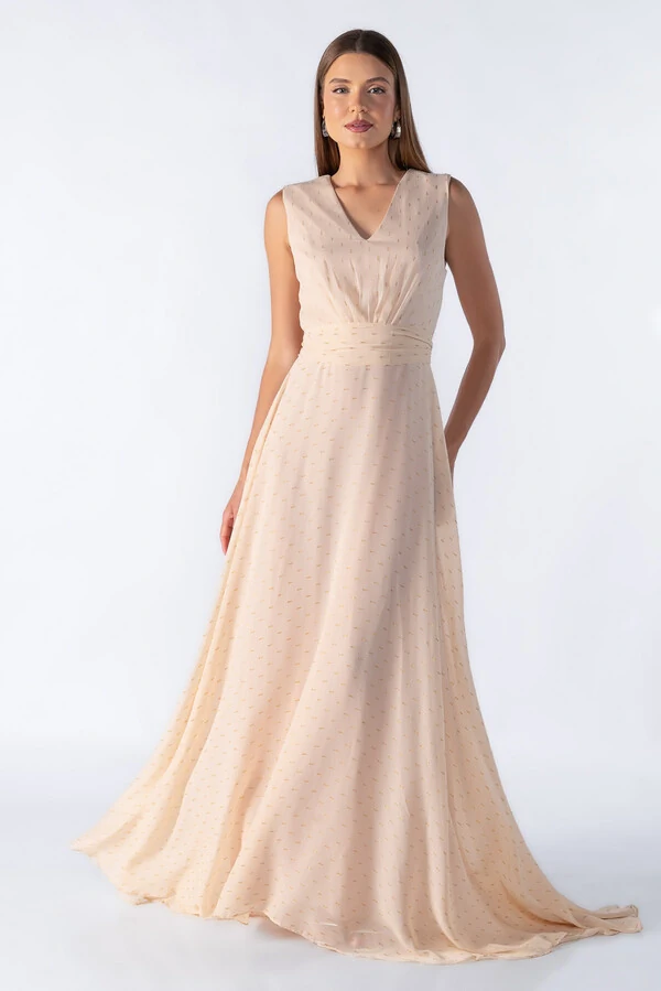 Vestido longo decote em v com pregas