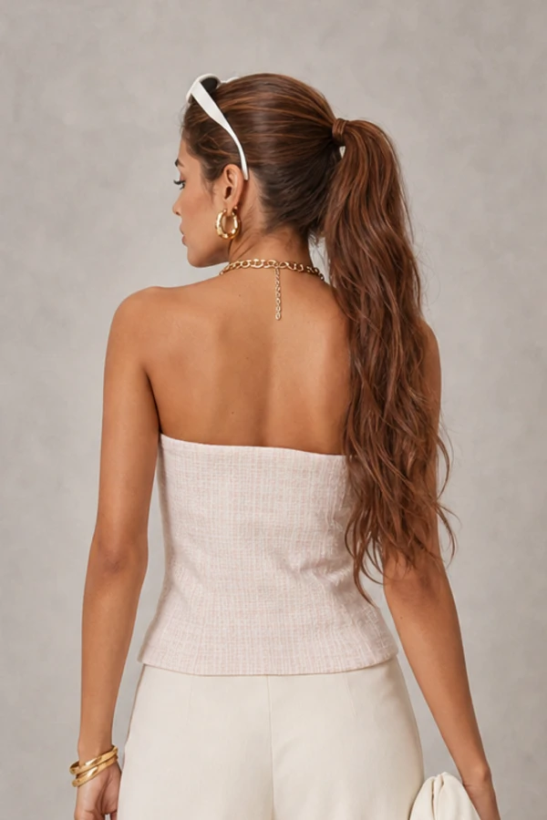 Blusa tweed tomara que caia peplum