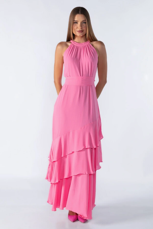 Vestido crepe longo babados na barra