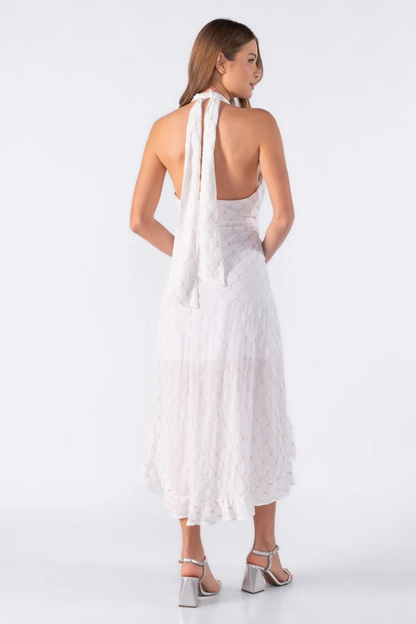 Vestido frente única com babado na barra