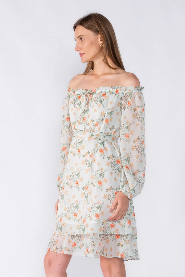 Vestido curto ombro a ombro em chiffon