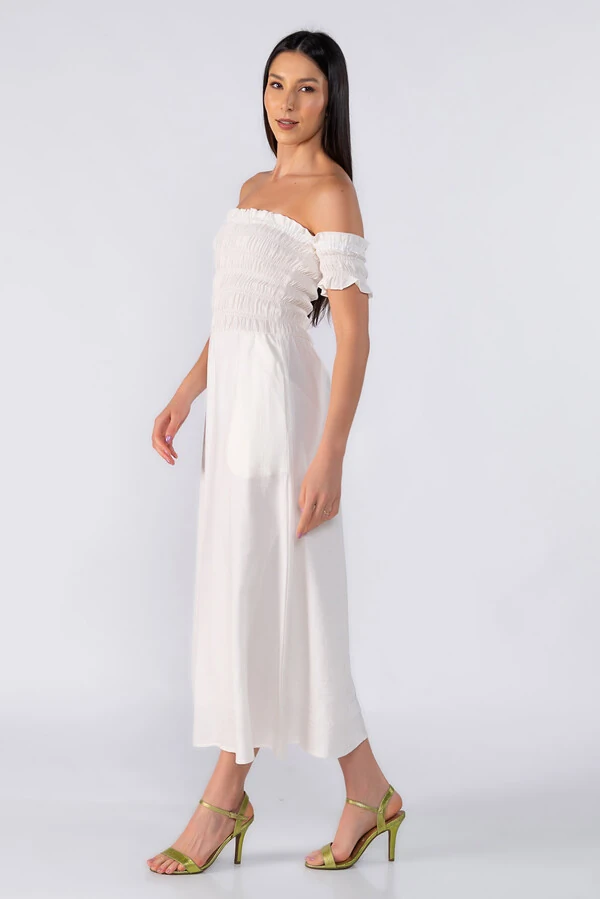 Vestido midi ombro a ombro em lastex