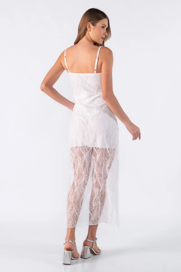 Vestido midi de renda com forro
