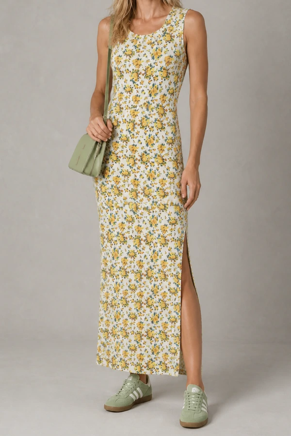 Vestido longo canelado estampado