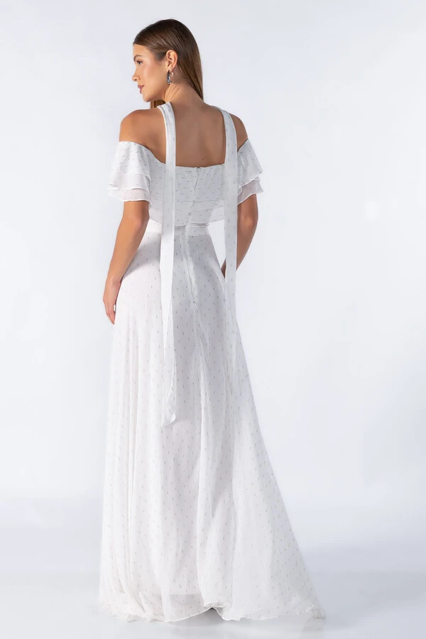Vestido longo ombro a ombro com babados
