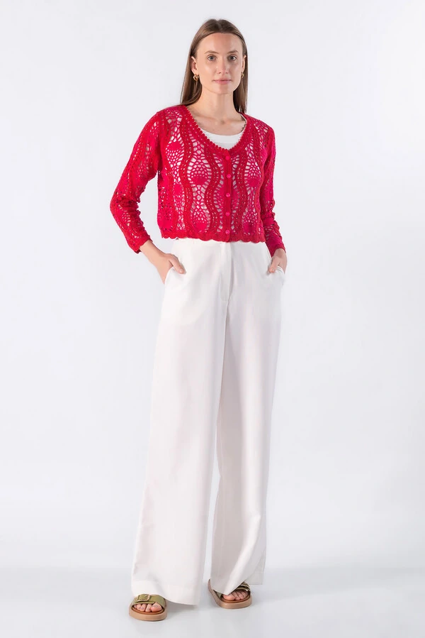 Cardigan curto de crochet bicolor