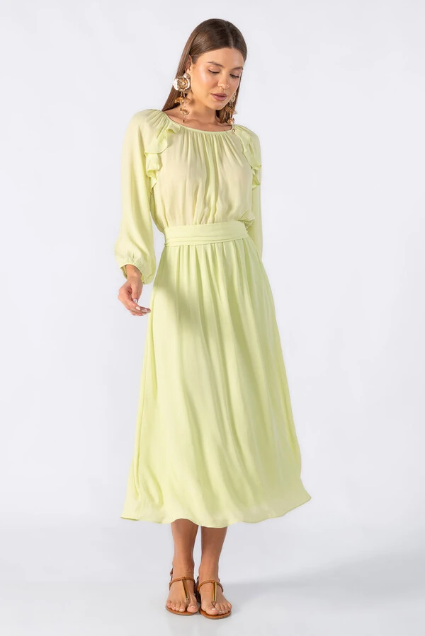 Vestido midi crepe com manga alongada