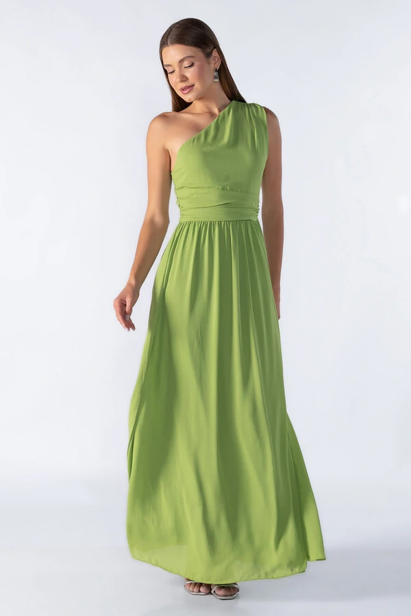 vestido longo manga nula com franzido na cintura