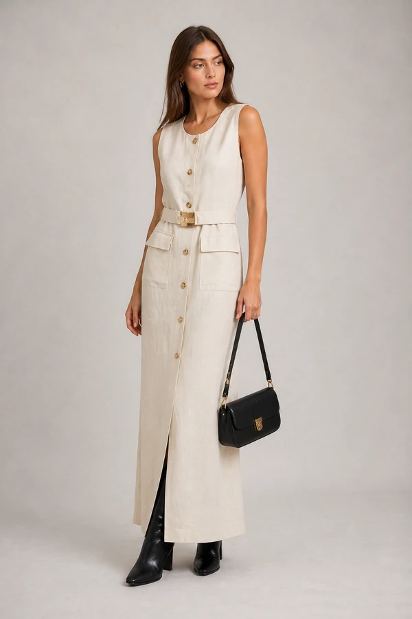 Vestido midi em linho com fivela