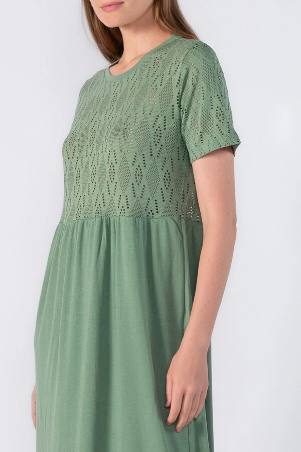Vestido midi em laise e ribana