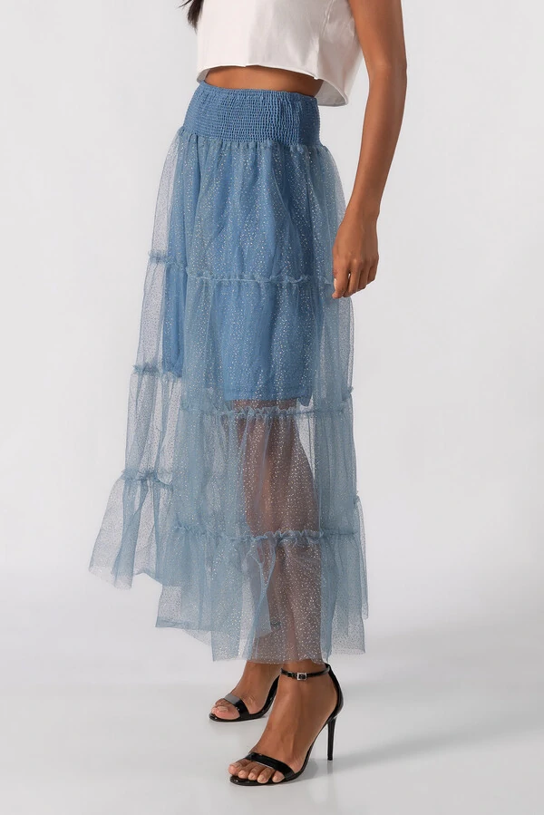 Saia longa de tule cos com lastex