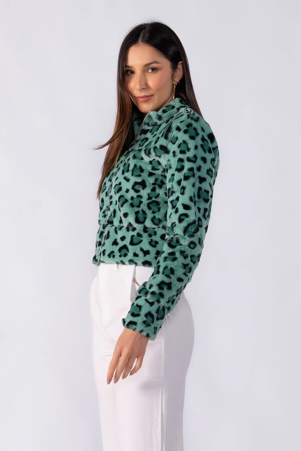 Casaco animal print curto ziper frontal