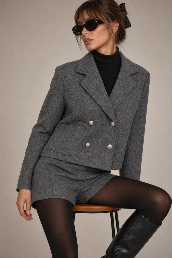 Conjunto blazer cropped e shorts em lã batida
