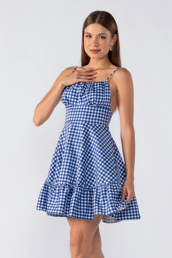 Vestido curto xadrez alça fina regulavel