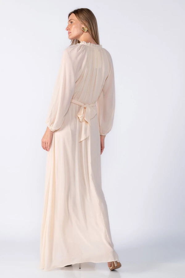 Vestido longo chiffon gola babado