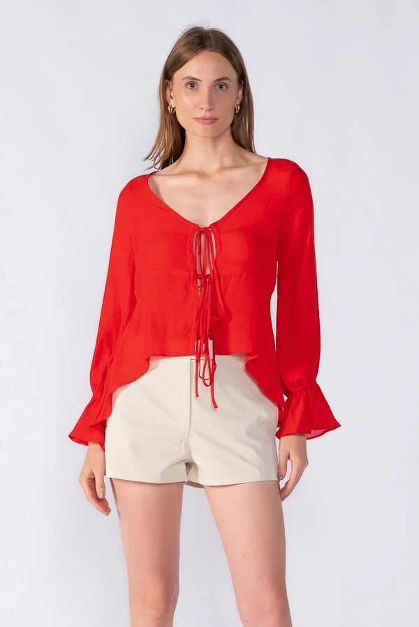 Blusa manga bufante amarracao frontal