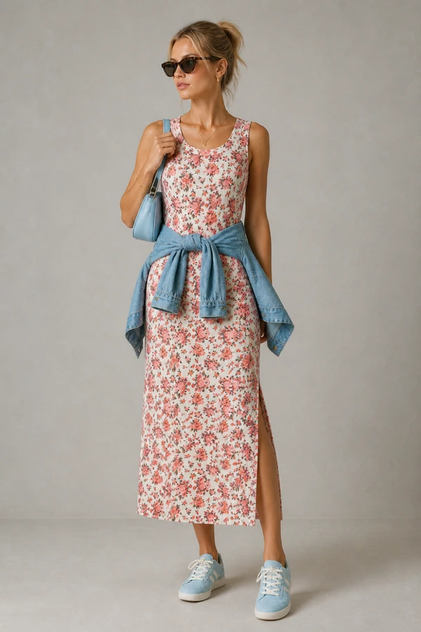 Vestido longo canelado estampado