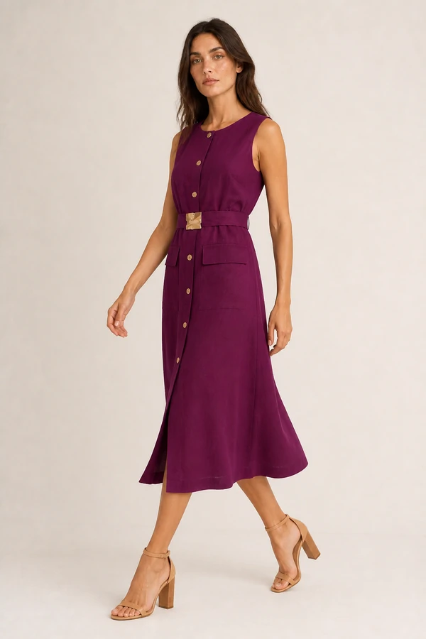 Vestido midi em linho com fivela