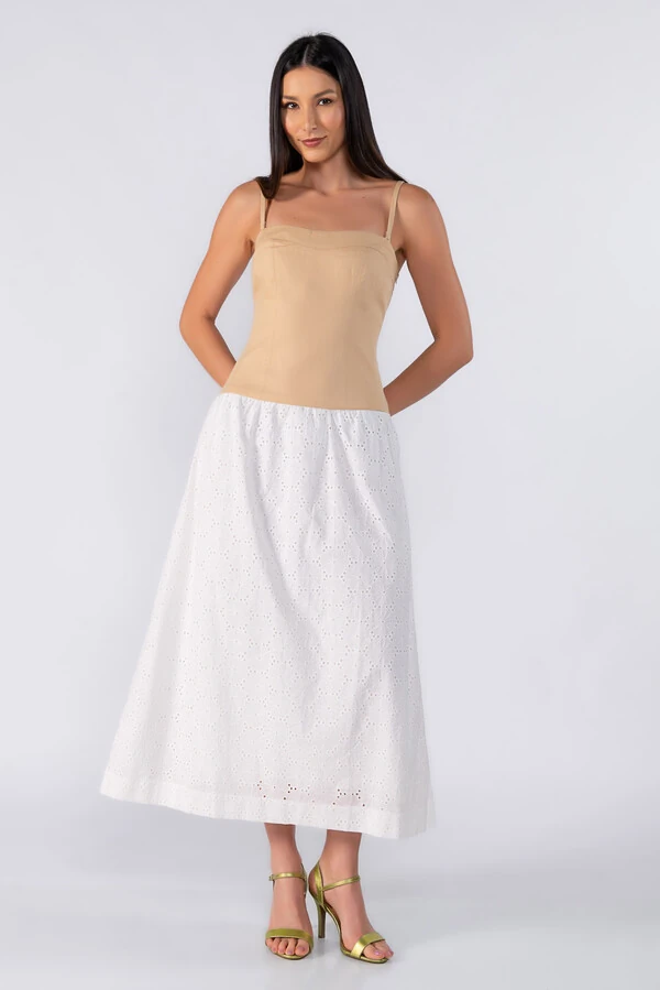Vestido midi em sarja e laise