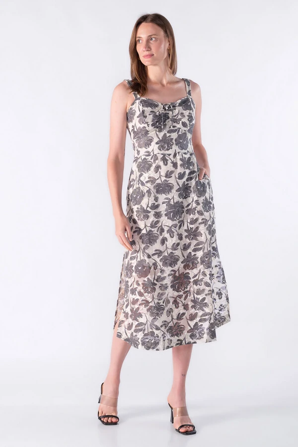 Vestido midi decote e alca regulavel