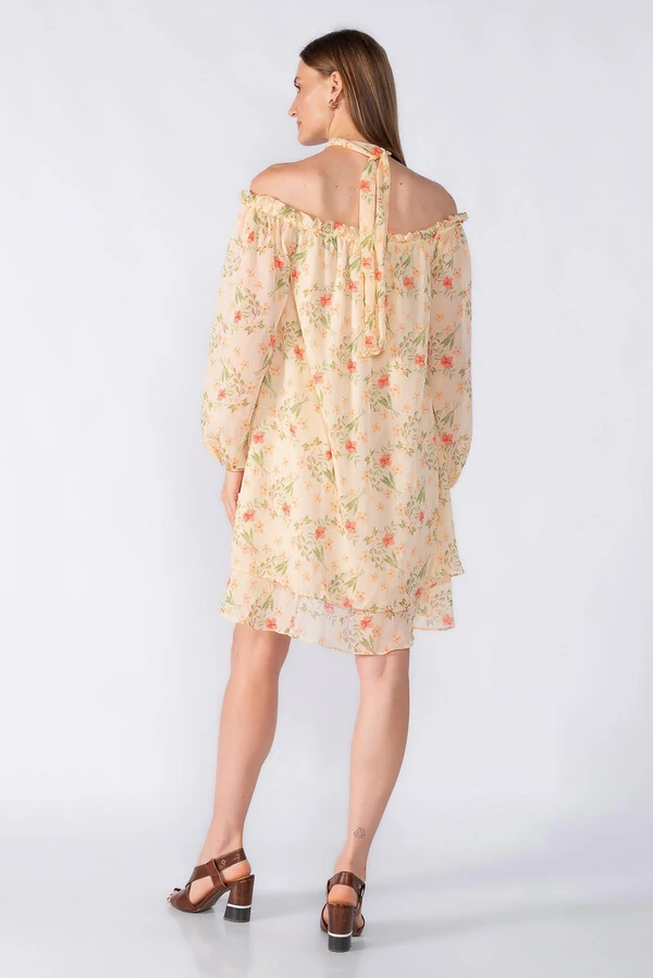 Vestido curto ombro a ombro em chiffon