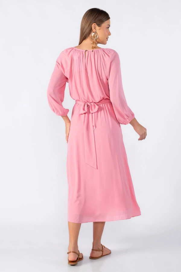 Vestido midi crepe com manga alongada