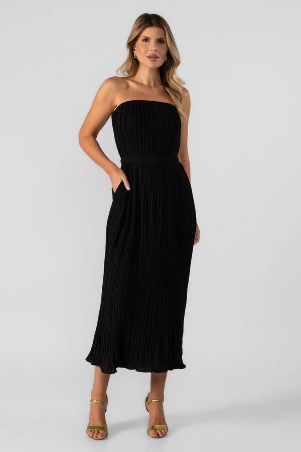 Vestido midi plissado tomara que caia