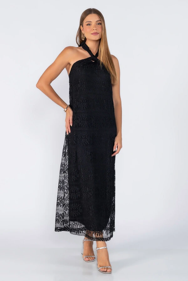 Vestido longo rendado com amarracao